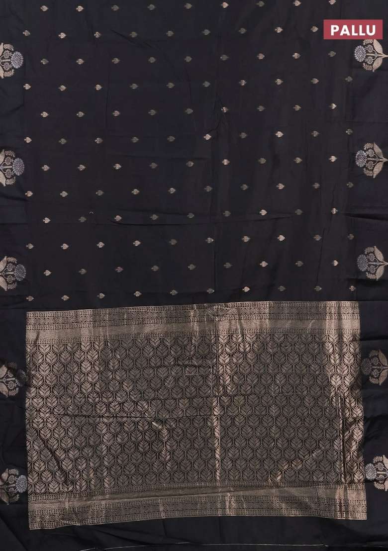 Semi Chanderi Silk Cotton Saree Black With Allover Zari Woven Buttas And Zari Woven Butta Border With Buttas And Brocade Design For Women - Indya