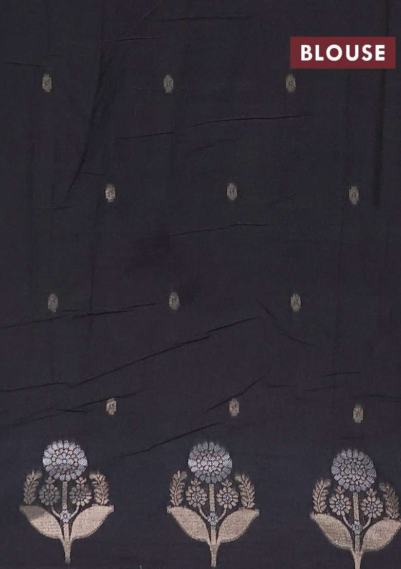 Semi Chanderi Silk Cotton Saree Black With Allover Zari Woven Buttas And Zari Woven Butta Border With Buttas And Brocade Design For Women - Indya
