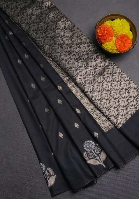 Semi Chanderi Silk Cotton Saree Black With Allover Zari Woven Buttas And Zari Woven Butta Border With Buttas And Brocade Design For Women
