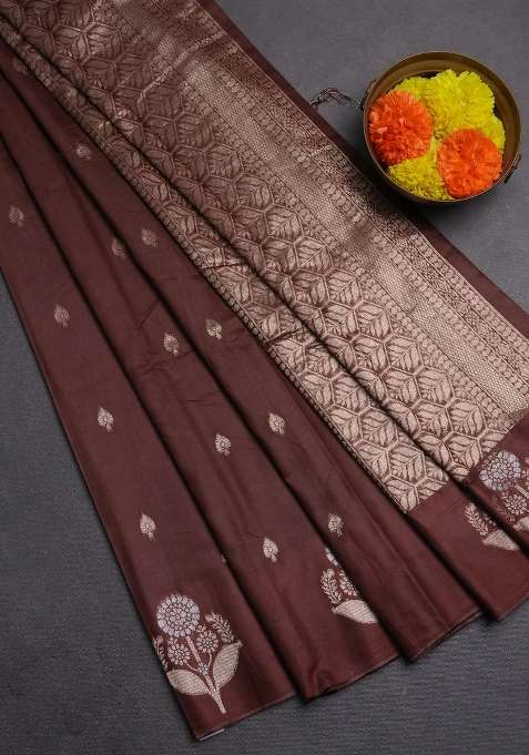 Semi Chanderi Silk Cotton Saree Brown With Allover Zari Woven Buttas And Zari Woven Butta Border With Buttas And Brocade Design For Women