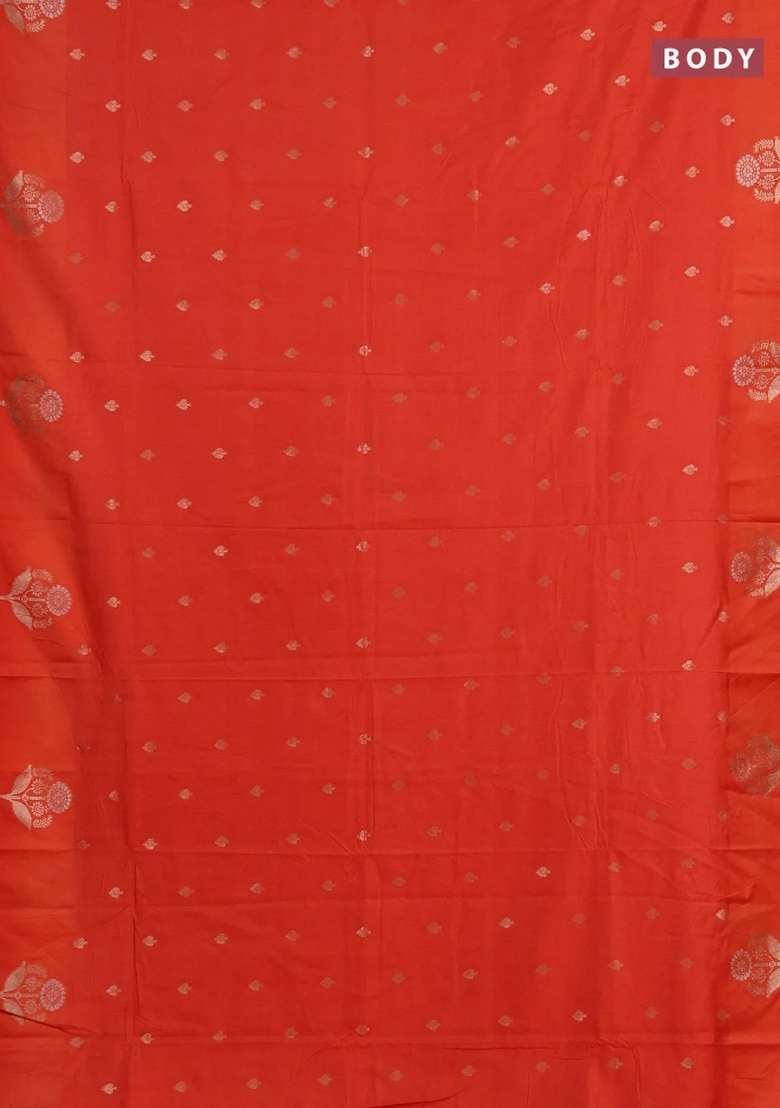 Semi Chanderi Silk Cotton Saree Orange With Allover Zari Woven Buttas And Zari Woven Butta Border With Buttas And Brocade Design For Women - Indya