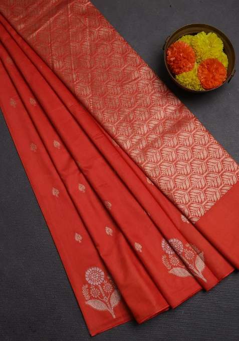 Semi Chanderi Silk Cotton Saree Orange With Allover Zari Woven Buttas And Zari Woven Butta Border With Buttas And Brocade Design For Women