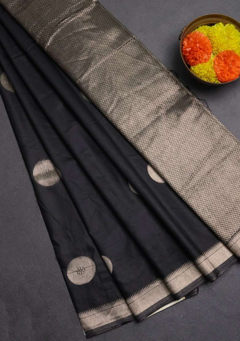Semi Chanderi Silk Cotton Saree Black With Zari Woven Buttas And Zari Woven Border With Buttas And Brocade Design For Women - Indya