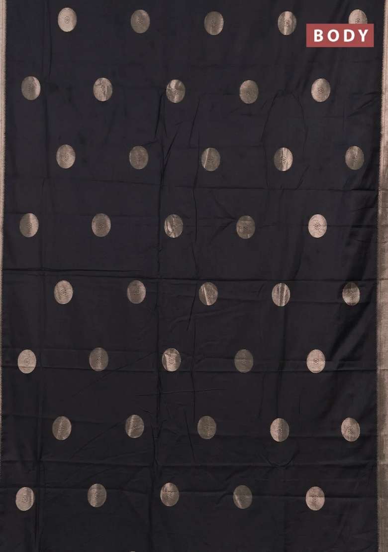 Semi Chanderi Silk Cotton Saree Black With Zari Woven Buttas And Zari Woven Border With Buttas And Brocade Design For Women - Indya