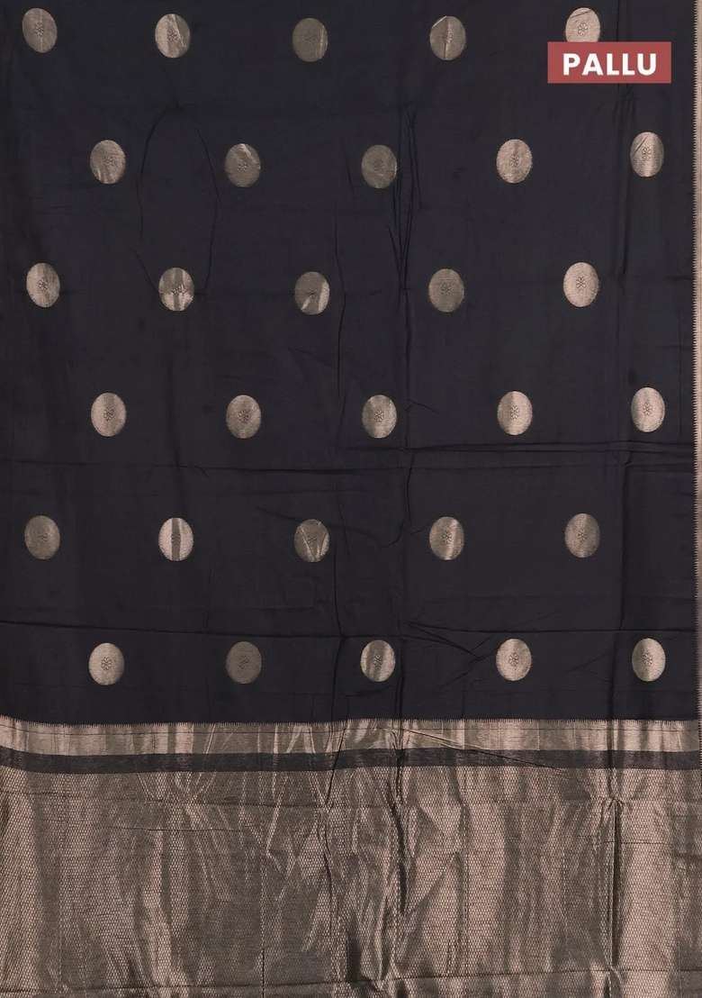 Semi Chanderi Silk Cotton Saree Black With Zari Woven Buttas And Zari Woven Border With Buttas And Brocade Design For Women - Indya