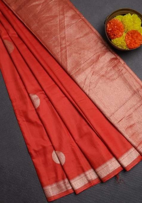 Semi Chanderi Silk Cotton Saree Orange With Zari Woven Buttas And Zari Woven Border With Buttas And Brocade Design For Women