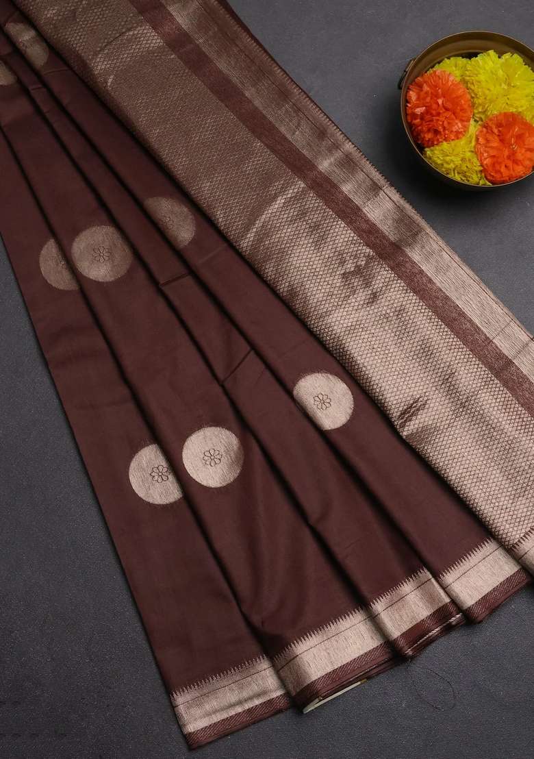 Semi Chanderi Silk Cotton Saree Brown With Zari Woven Buttas And Zari Woven Border With Buttas And Brocade Design For Women - Indya
