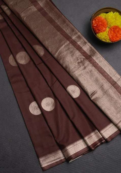 Semi Chanderi Silk Cotton Saree Brown With Zari Woven Buttas And Zari Woven Border With Buttas And Brocade Design For Women