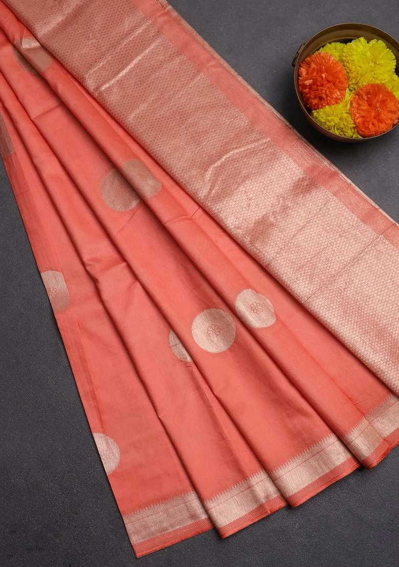 Semi Chanderi Silk Cotton Saree Orange With Zari Woven Buttas And Zari Woven Border With Buttas And Brocade Design For Women - Indya