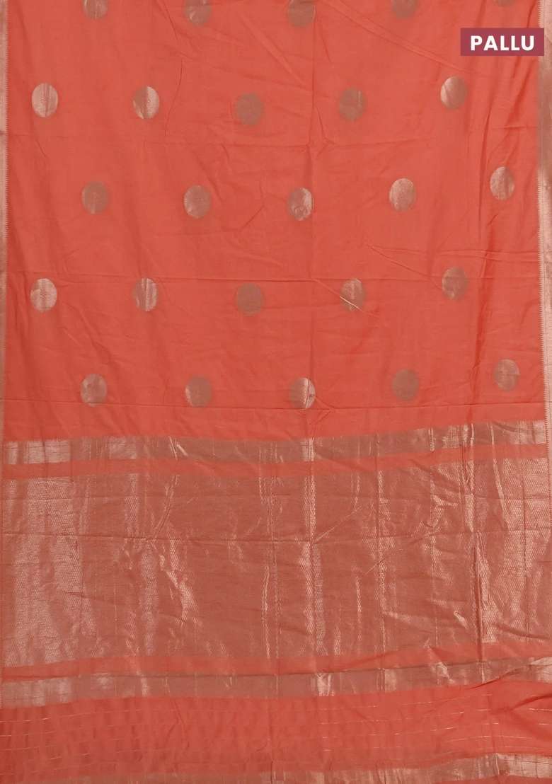 Semi Chanderi Silk Cotton Saree Orange With Zari Woven Buttas And Zari Woven Border With Buttas And Brocade Design For Women - Indya