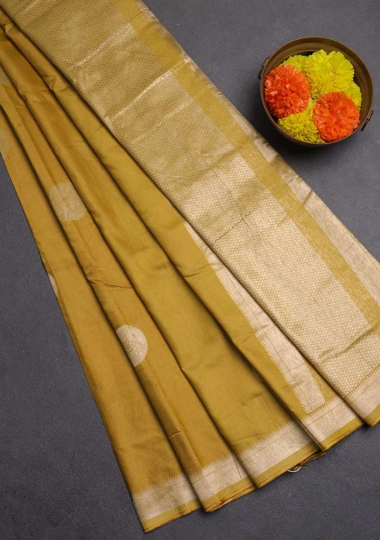 Semi Chanderi Silk Cotton Saree Mustard Yellow With Zari Woven Buttas And Zari Woven Border With Buttas And Brocade Design For Women - Indya