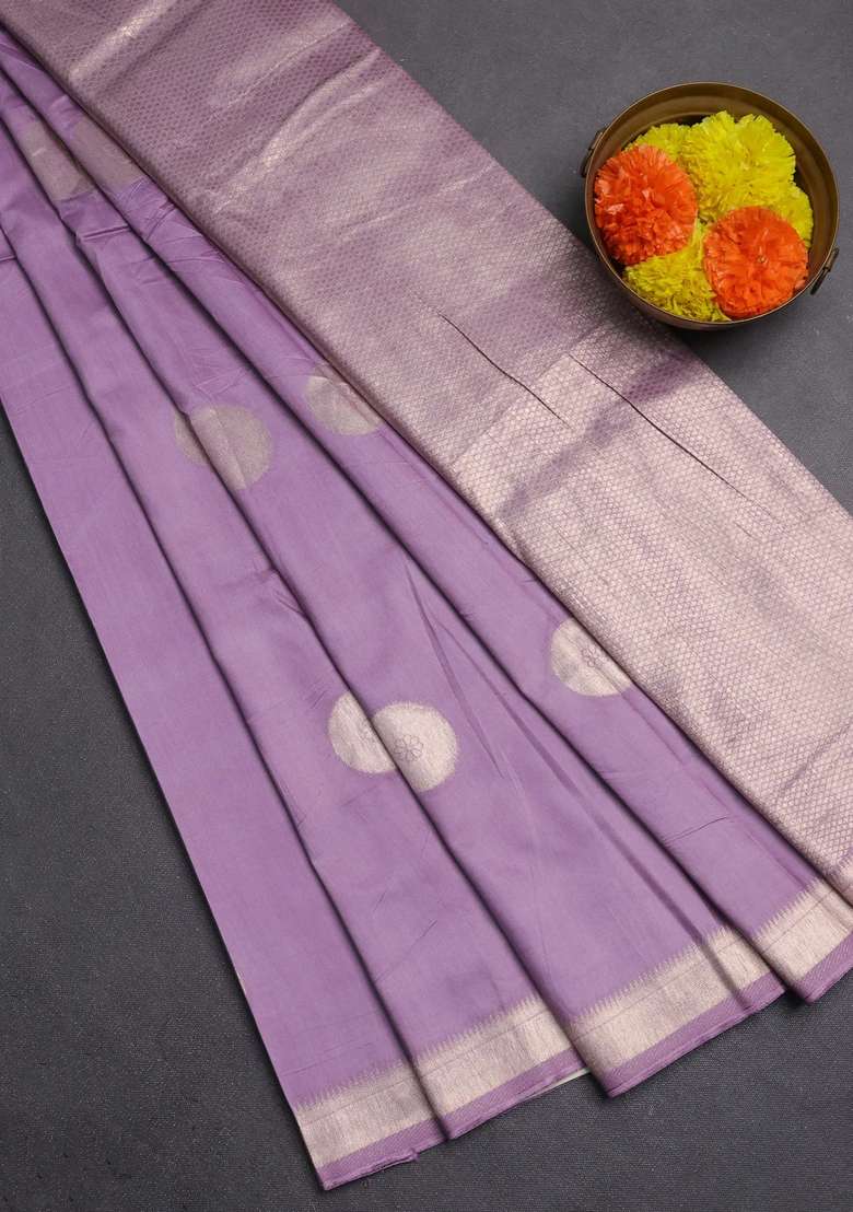 Semi Chanderi Silk Cotton Saree Lavender With Zari Woven Buttas And Zari Woven Border With Buttas And Brocade Design For Women - Indya