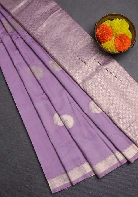 Semi Chanderi Silk Cotton Saree Lavender With Zari Woven Buttas And Zari Woven Border With Buttas And Brocade Design For Women