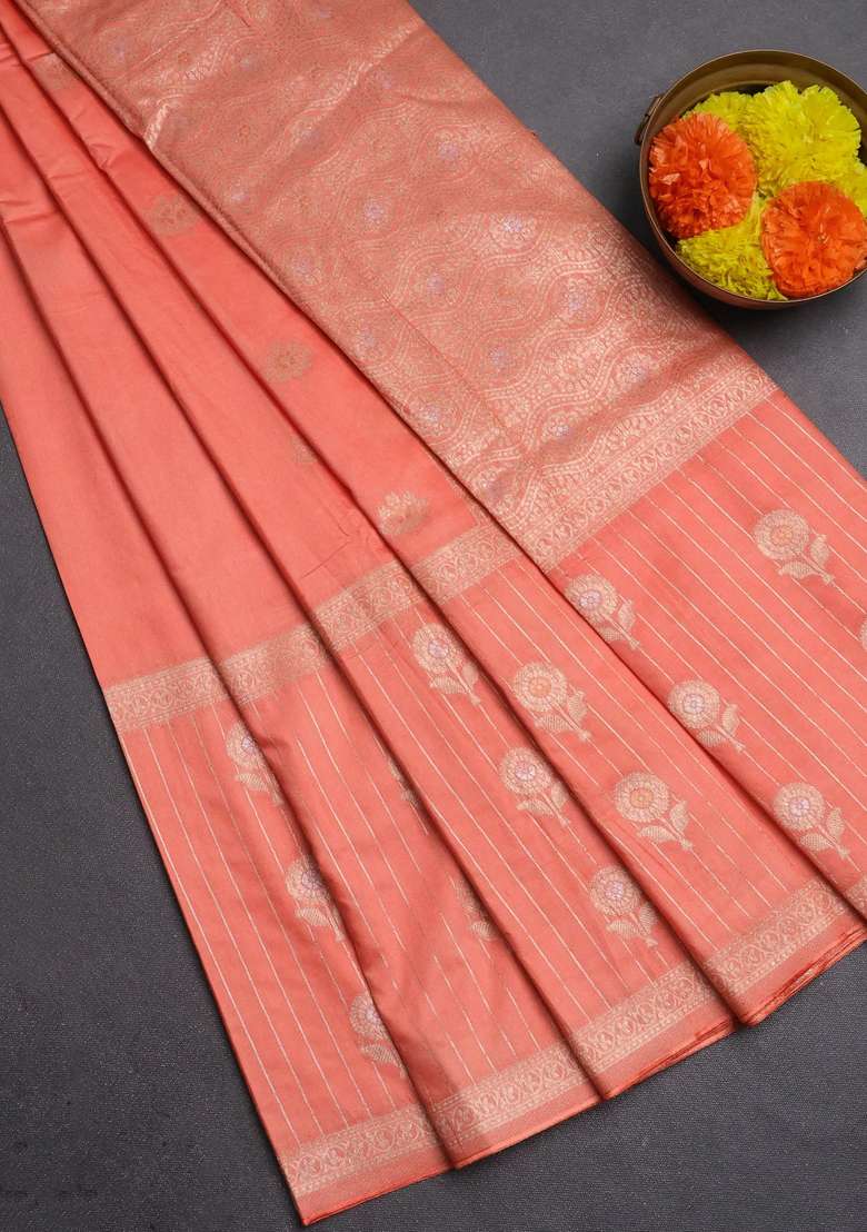 Semi Chanderi Silk Cotton Saree Orange With Zari Woven Buttas And Long Zari Woven Border With Buttas And Brocade Design For Women - Indya