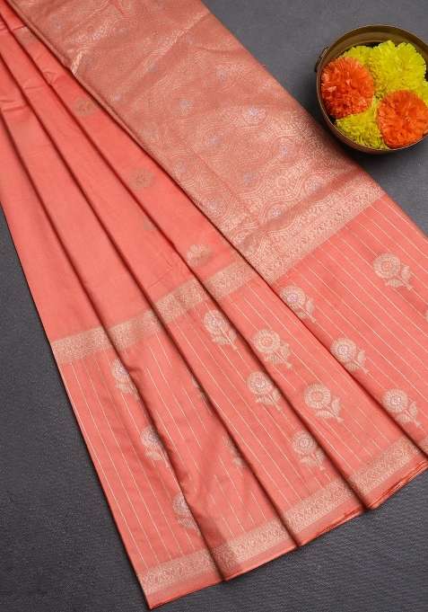Semi Chanderi Silk Cotton Saree Orange With Zari Woven Buttas And Long Zari Woven Border With Buttas And Brocade Design For Women