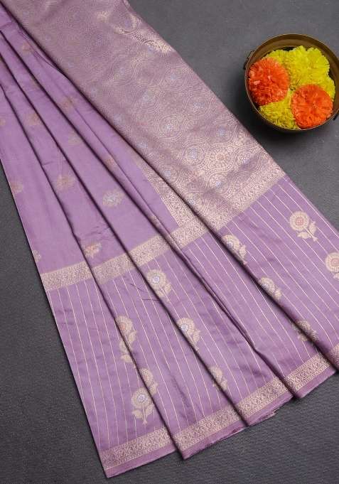 Semi Chanderi Silk Cotton Saree Pastel Purple With Zari Woven Buttas And Long Zari Woven Border With Buttas And Brocade Design For Women