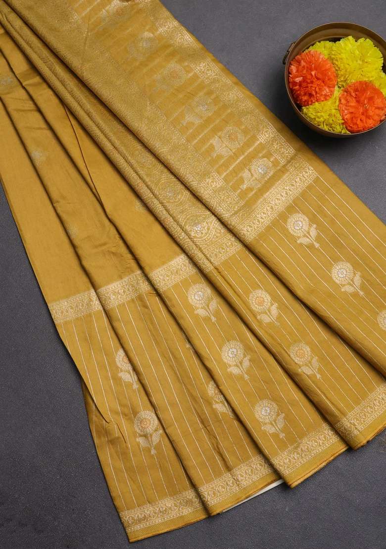 Semi Chanderi Silk Cotton Saree Mustard Yellow With Zari Woven Buttas And Long Zari Woven Border With Buttas And Brocade Design For Women - Indya
