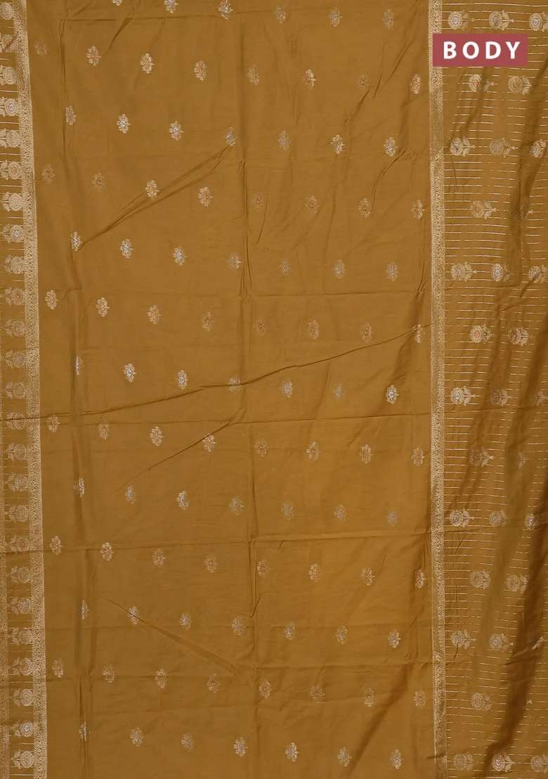 Semi Chanderi Silk Cotton Saree Mustard Yellow With Zari Woven Buttas And Long Zari Woven Border With Buttas And Brocade Design For Women - Indya