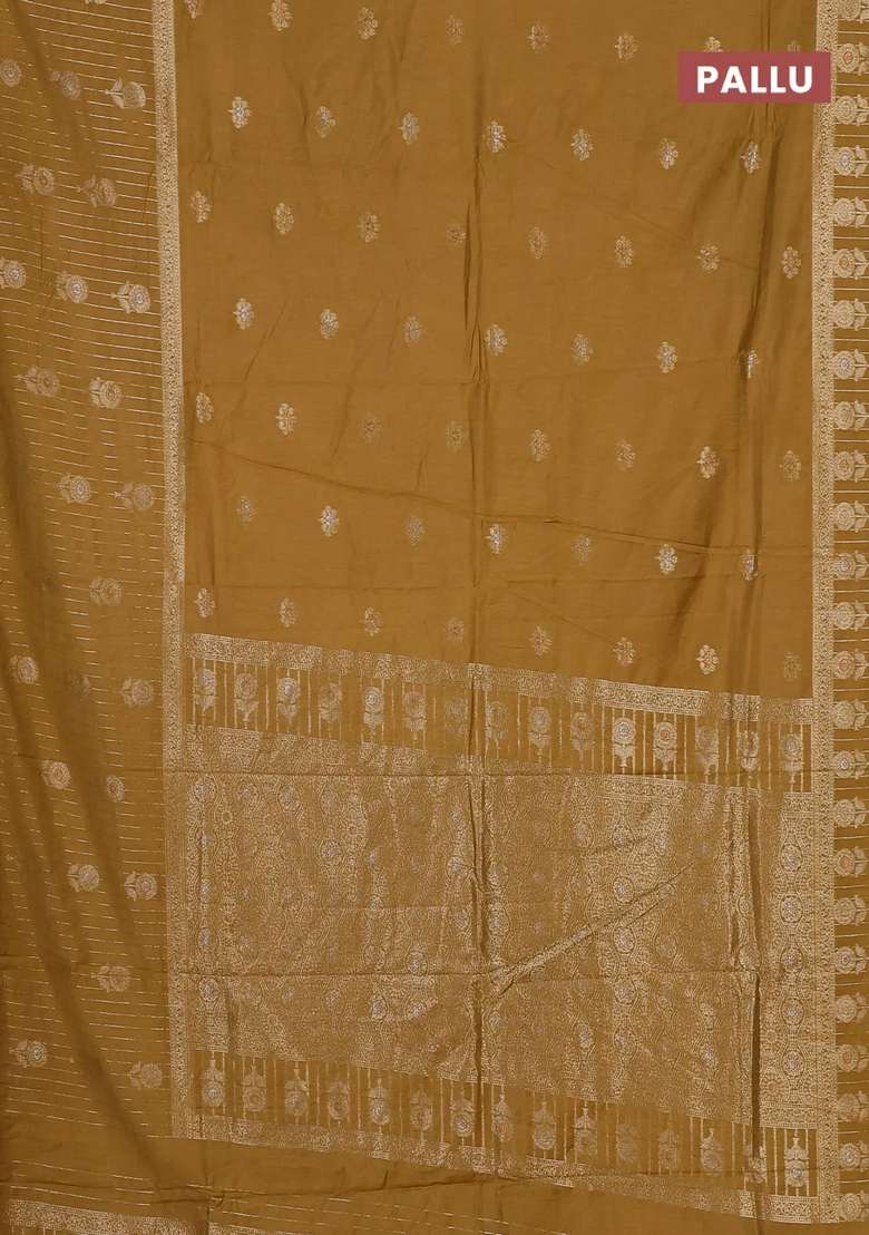 Semi Chanderi Silk Cotton Saree Mustard Yellow With Zari Woven Buttas And Long Zari Woven Border With Buttas And Brocade Design For Women - Indya