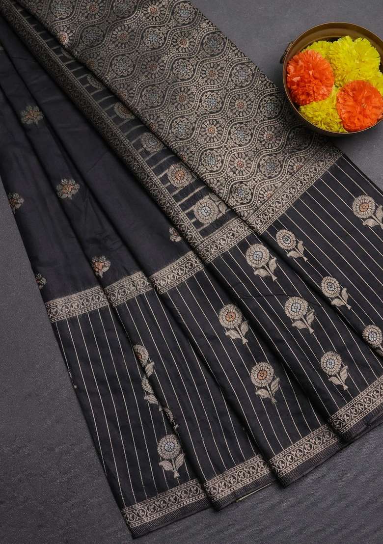 Semi Chanderi Silk Cotton Saree Black With Zari Woven Buttas And Long Zari Woven Border With Buttas And Brocade Design For Women - Indya