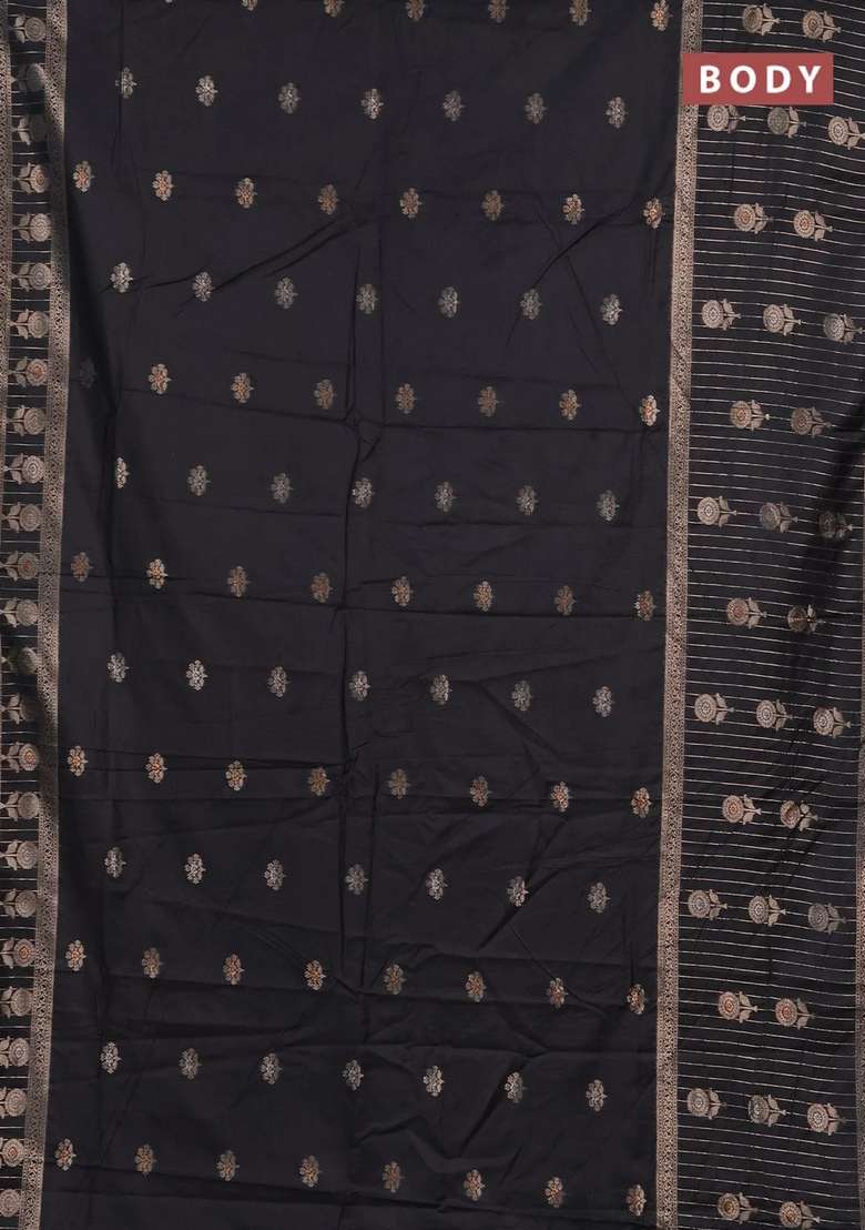 Semi Chanderi Silk Cotton Saree Black With Zari Woven Buttas And Long Zari Woven Border With Buttas And Brocade Design For Women - Indya