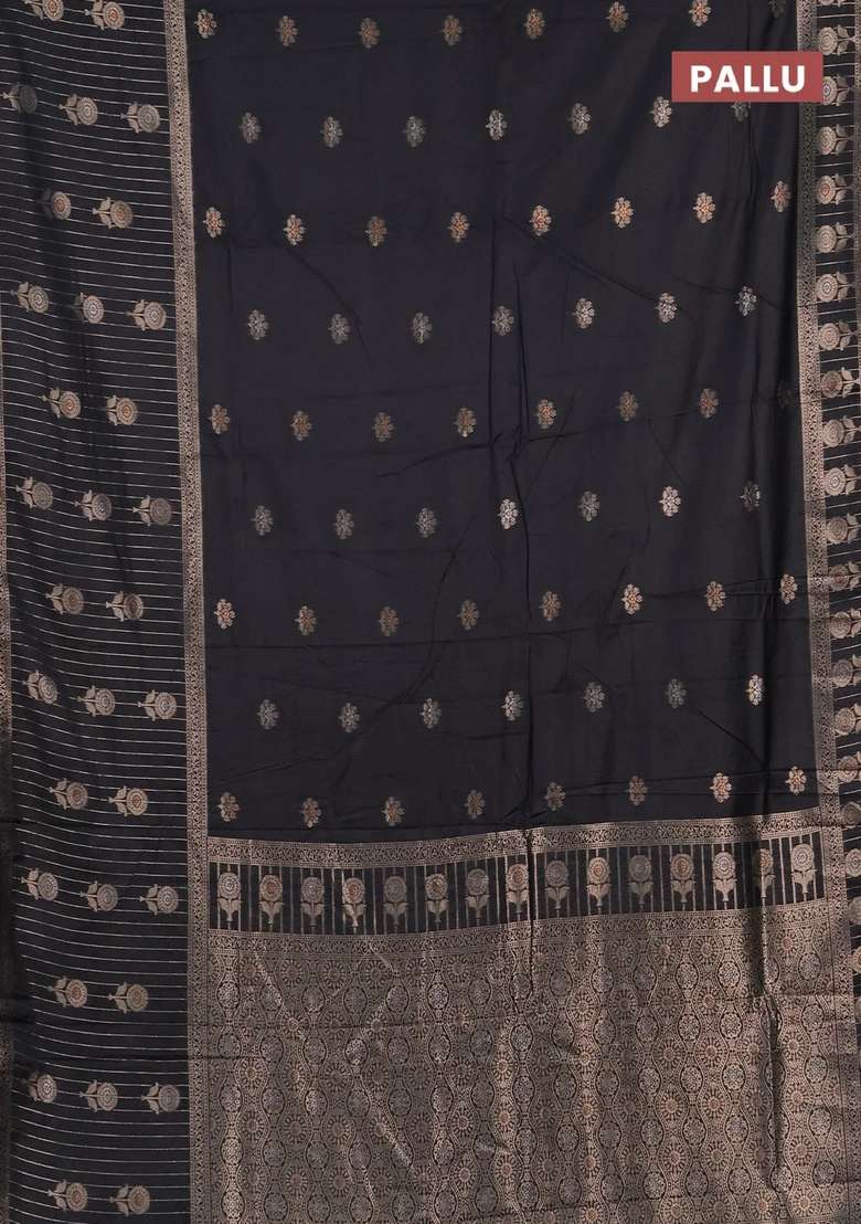 Semi Chanderi Silk Cotton Saree Black With Zari Woven Buttas And Long Zari Woven Border With Buttas And Brocade Design For Women - Indya