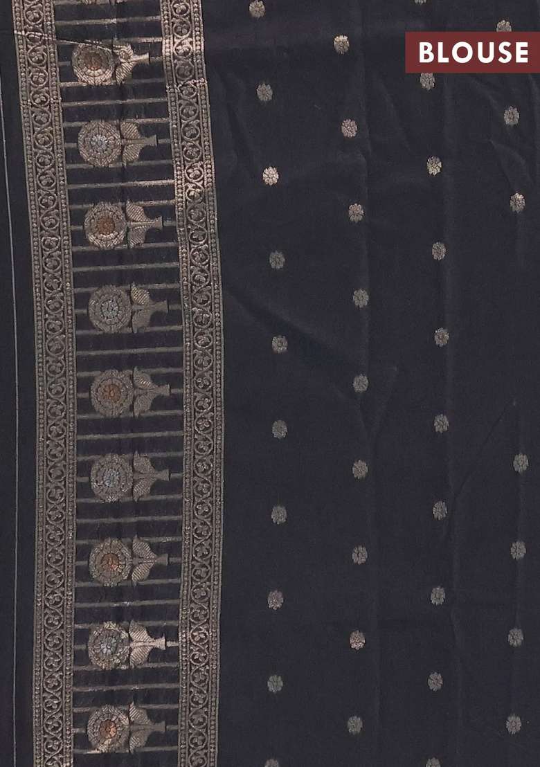 Semi Chanderi Silk Cotton Saree Black With Zari Woven Buttas And Long Zari Woven Border With Buttas And Brocade Design For Women - Indya