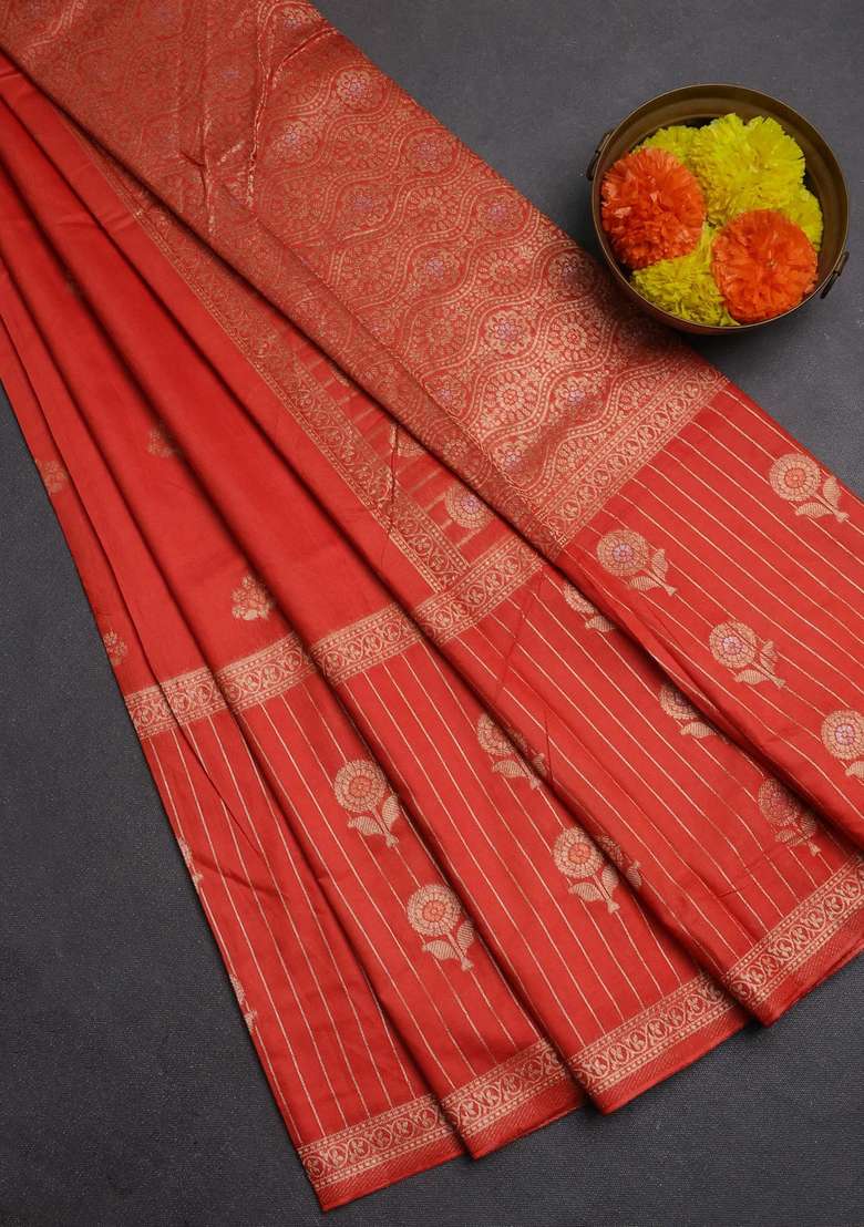 Semi Chanderi Silk Cotton Saree Orange With Zari Woven Buttas And Long Zari Woven Border With Buttas And Brocade Design For Women - Indya