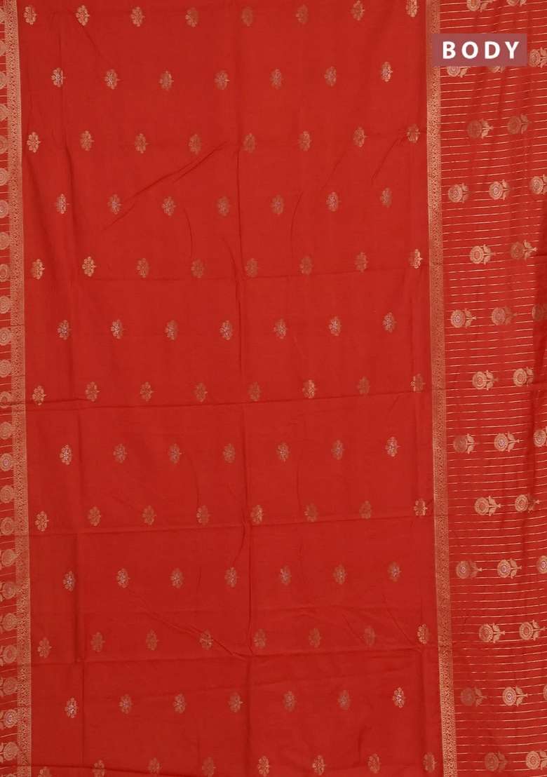 Semi Chanderi Silk Cotton Saree Orange With Zari Woven Buttas And Long Zari Woven Border With Buttas And Brocade Design For Women - Indya