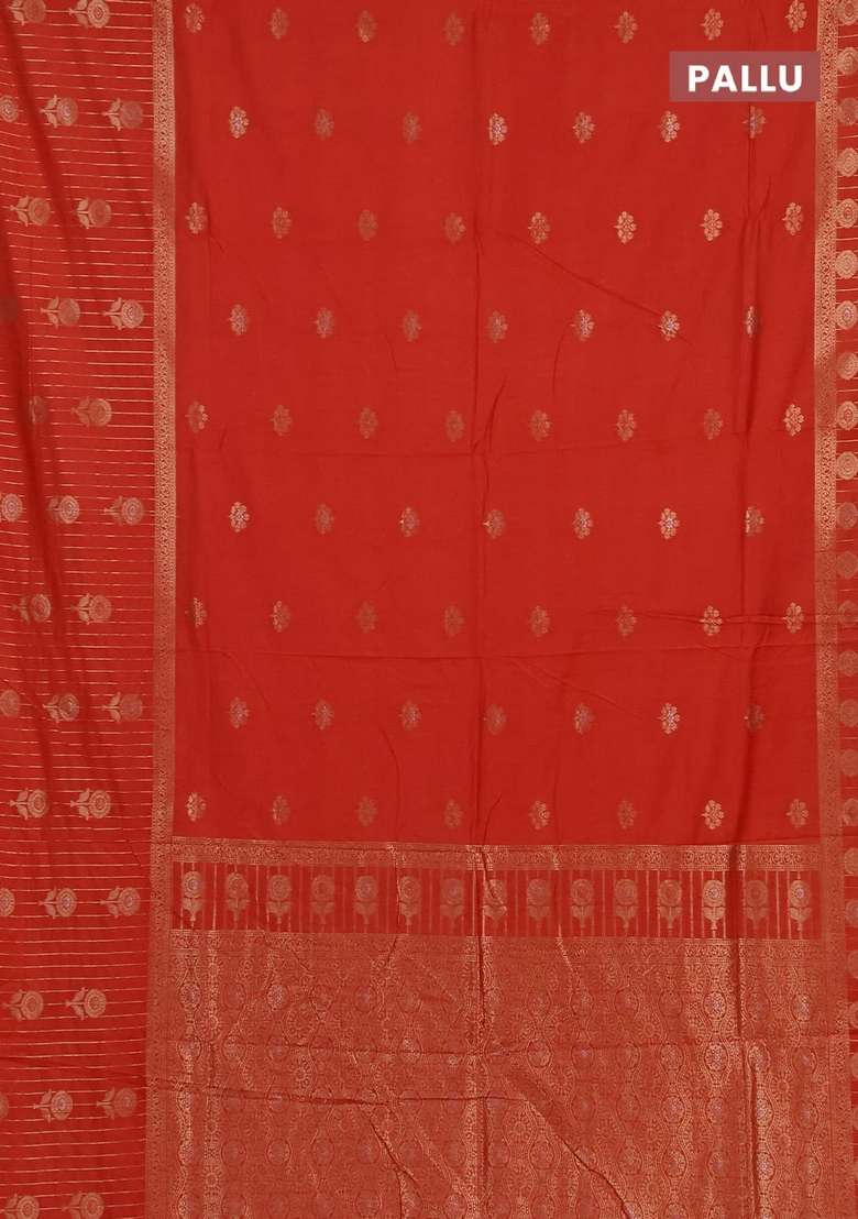 Semi Chanderi Silk Cotton Saree Orange With Zari Woven Buttas And Long Zari Woven Border With Buttas And Brocade Design For Women - Indya