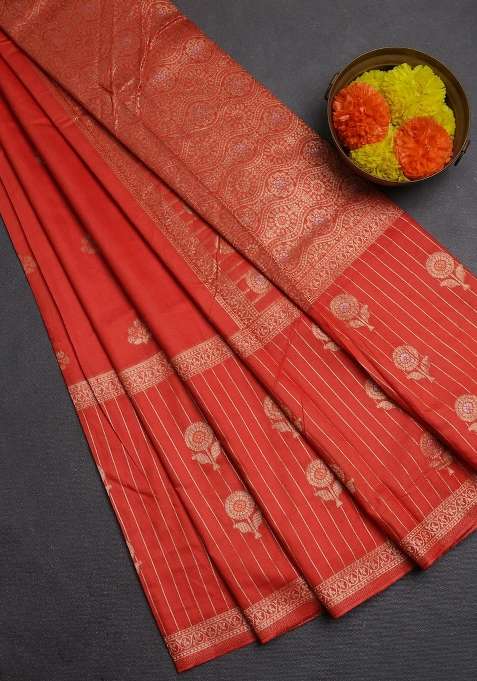 Semi Chanderi Silk Cotton Saree Orange With Zari Woven Buttas And Long Zari Woven Border With Buttas And Brocade Design For Women