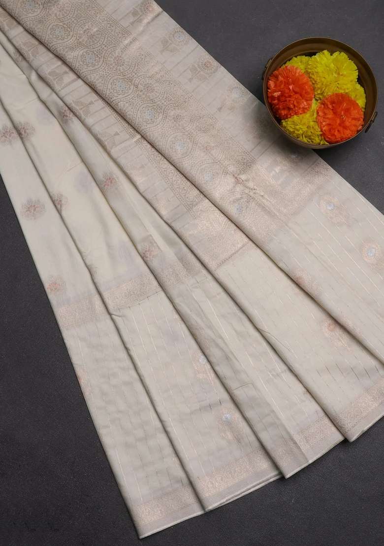 Semi Chanderi Silk Cotton Saree Off White With Zari Woven Buttas And Long Zari Woven Border With Buttas And Brocade Design For Women - Indya