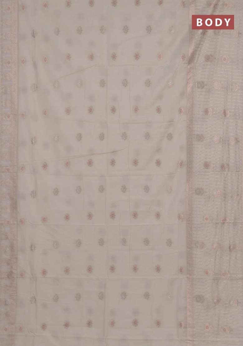 Semi Chanderi Silk Cotton Saree Off White With Zari Woven Buttas And Long Zari Woven Border With Buttas And Brocade Design For Women - Indya