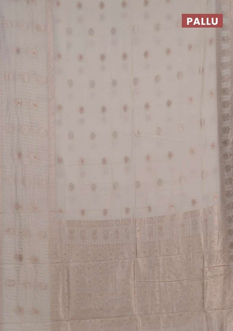 Semi Chanderi Silk Cotton Saree Off White With Zari Woven Buttas And Long Zari Woven Border With Buttas And Brocade Design For Women - Indya