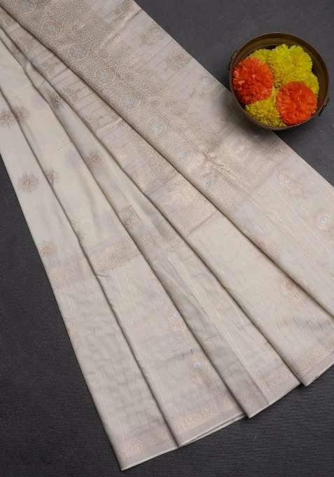 Semi Chanderi Silk Cotton Saree Off White With Zari Woven Buttas And Long Zari Woven Border With Buttas And Brocade Design For Women