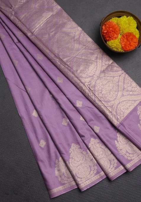 Semi Chanderi Silk Cotton Saree Lavender With Zari Woven Buttas And Zari Woven Butta Border With Buttas And Brocade Design For Women