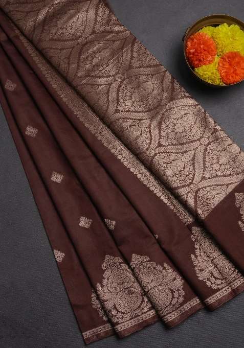 Semi Chanderi Silk Cotton Saree Brown With Zari Woven Buttas And Zari Woven Butta Border With Buttas And Brocade Design For Women
