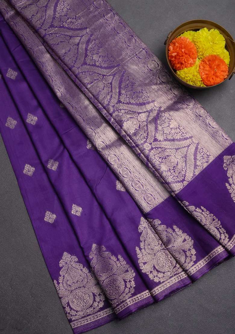 Semi Chanderi Silk Cotton Saree Violet With Zari Woven Buttas And Zari Woven Butta Border With Buttas And Brocade Design For Women - Indya