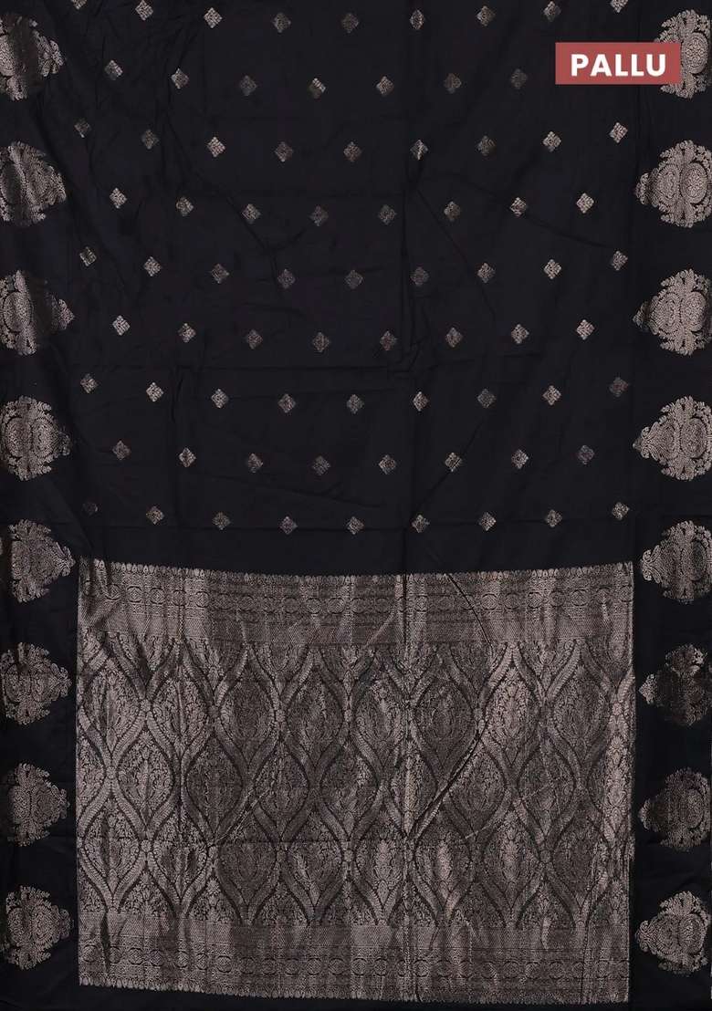Semi Chanderi Silk Cotton Saree Black With Zari Woven Buttas And Zari Woven Butta Border With Buttas And Brocade Design For Women - Indya