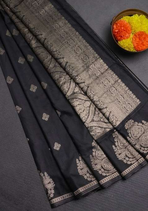 Semi Chanderi Silk Cotton Saree Black With Zari Woven Buttas And Zari Woven Butta Border With Buttas And Brocade Design For Women