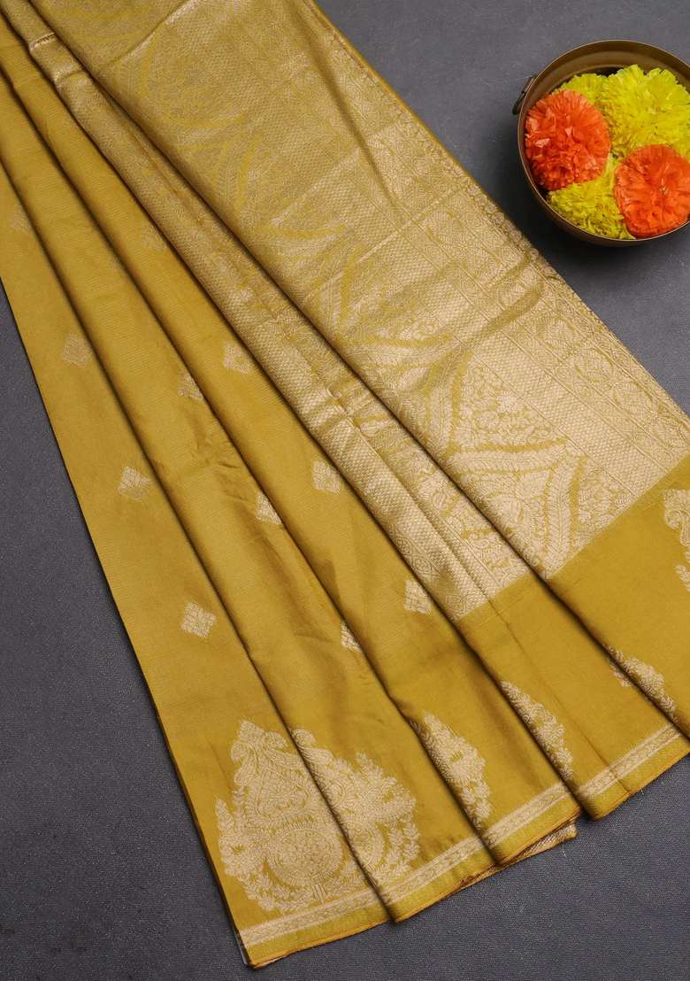 Semi Chanderi Silk Cotton Saree Mustard Green With Allover Zari Weaves Buttas And Zari Woven Butta Border With Buttas And Brocade Design For Women - Indya