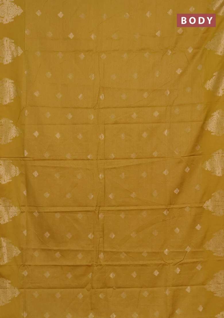 Semi Chanderi Silk Cotton Saree Mustard Green With Allover Zari Weaves Buttas And Zari Woven Butta Border With Buttas And Brocade Design For Women - Indya