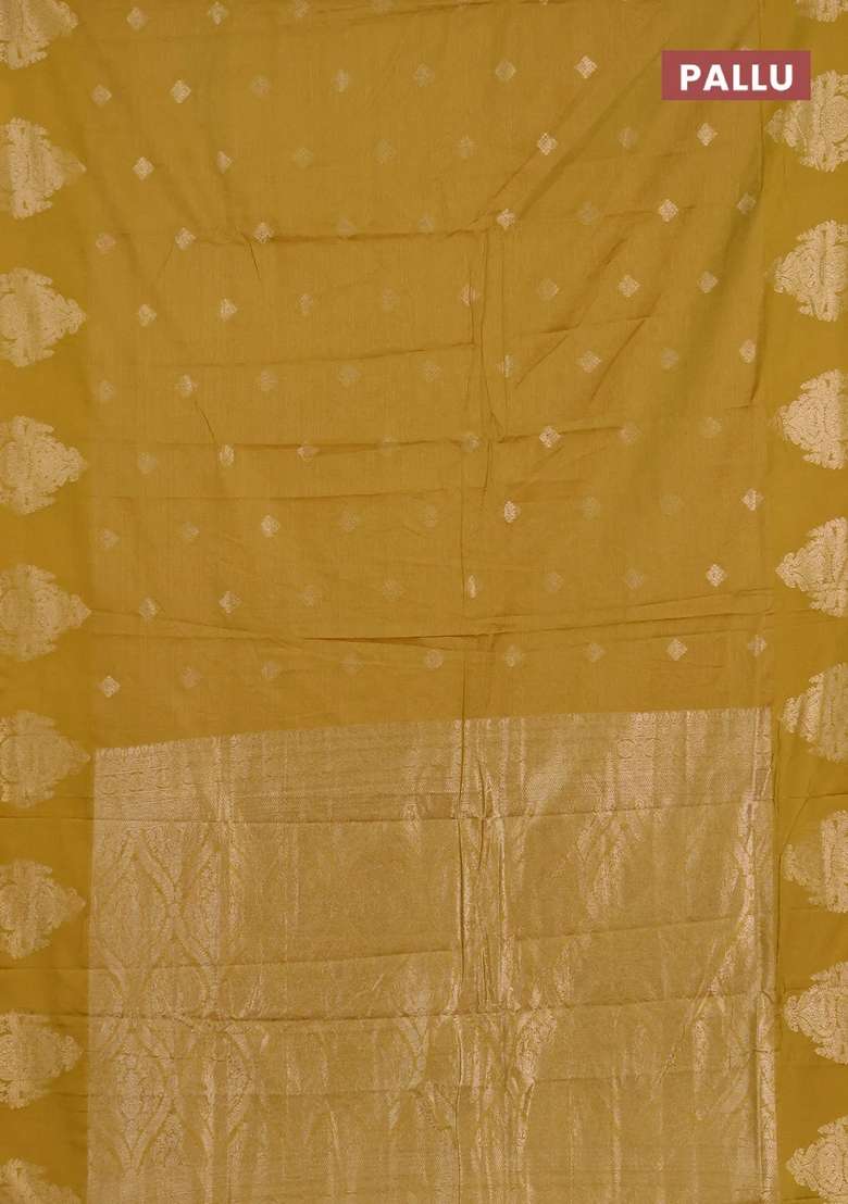 Semi Chanderi Silk Cotton Saree Mustard Green With Allover Zari Weaves Buttas And Zari Woven Butta Border With Buttas And Brocade Design For Women - Indya