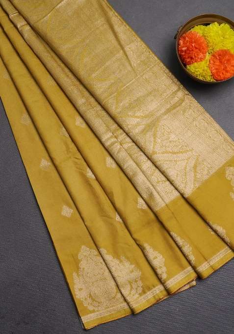 Semi Chanderi Silk Cotton Saree Mustard Green With Allover Zari Weaves Buttas And Zari Woven Butta Border With Buttas And Brocade Design For Women