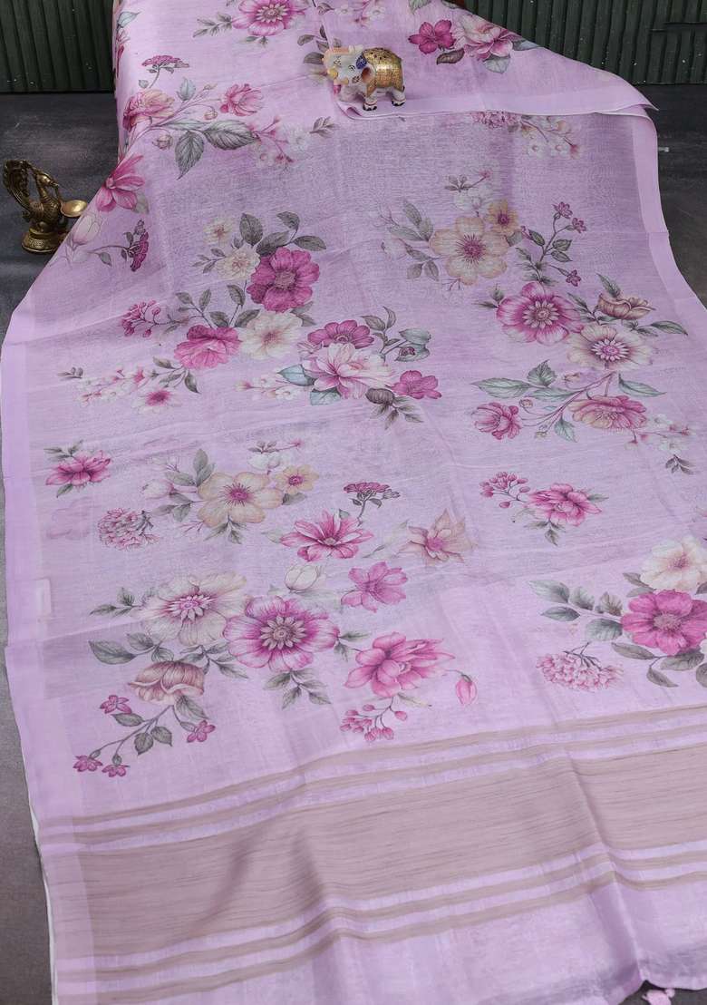 Pure Linen Silk Saree Lilac With Allover Floral Digital Prints And Simple Border With Printed Design For Women - Indya