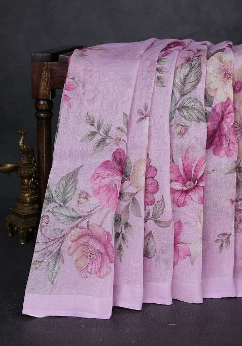 Pure Linen Silk Saree Lilac With Allover Floral Digital Prints And Simple Border With Printed Design For Women