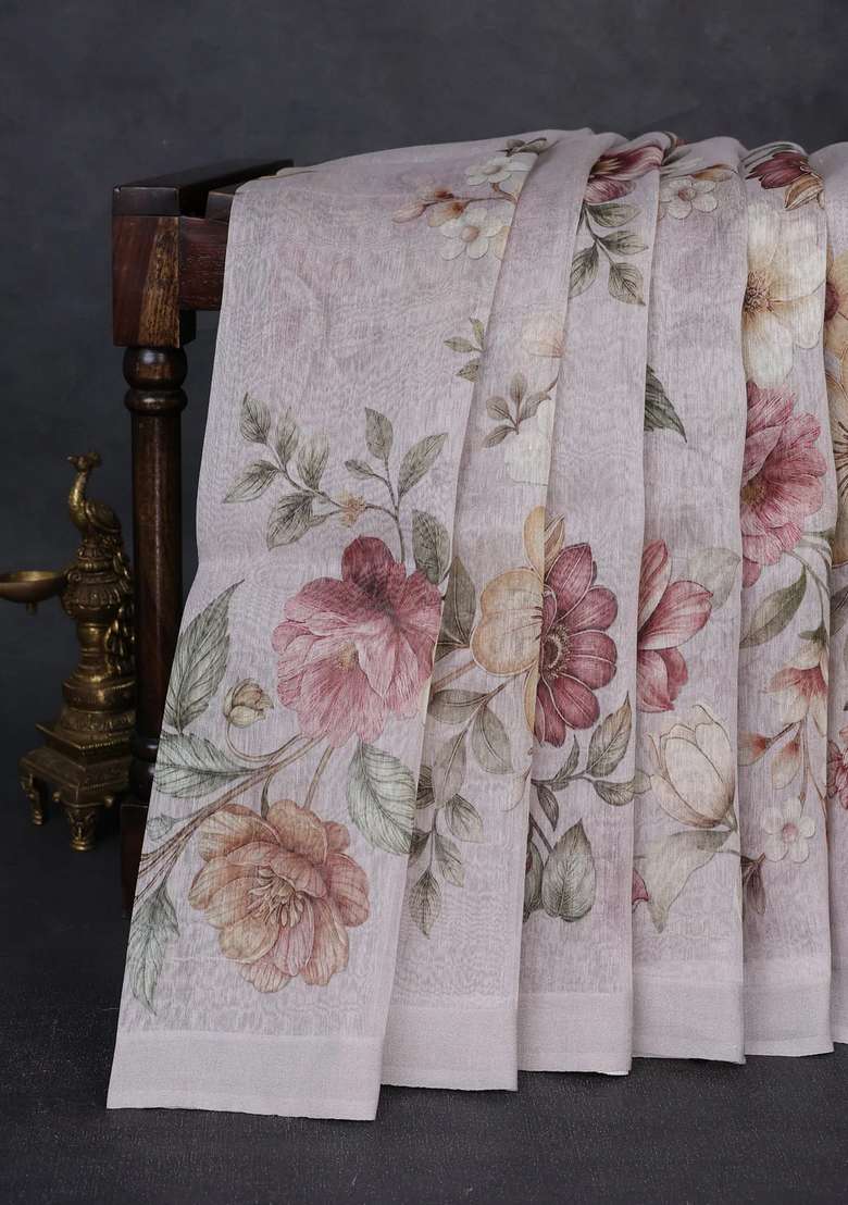 Pure Linen Silk Saree Pastel Grey With Allover Floral Digital Prints And Simple Border With Printed Design For Women - Indya