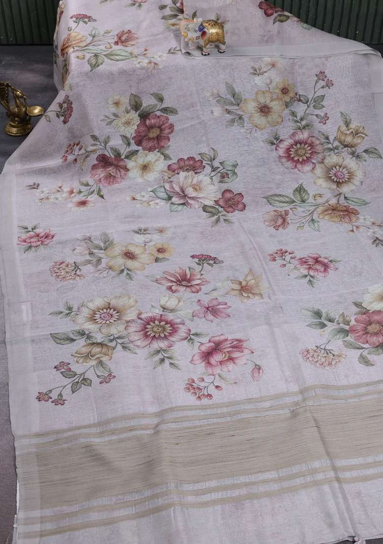 Pure Linen Silk Saree Pastel Grey With Allover Floral Digital Prints And Simple Border With Printed Design For Women - Indya