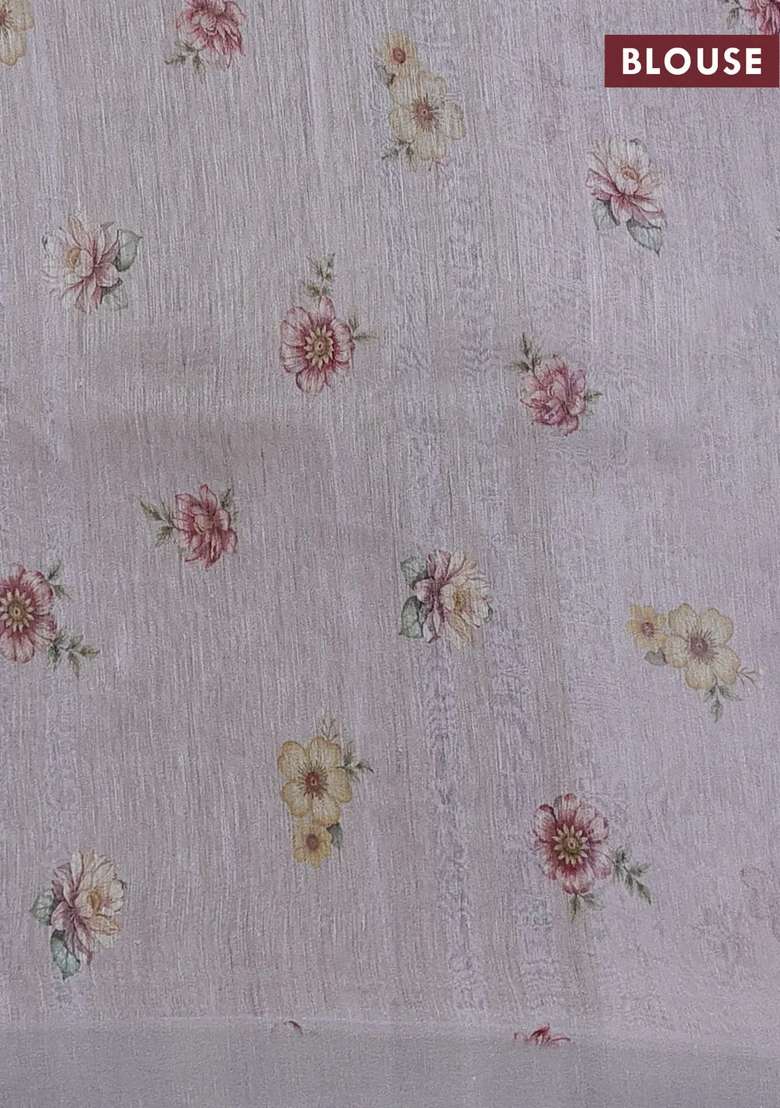 Pure Linen Silk Saree Pastel Grey With Allover Floral Digital Prints And Simple Border With Printed Design For Women - Indya