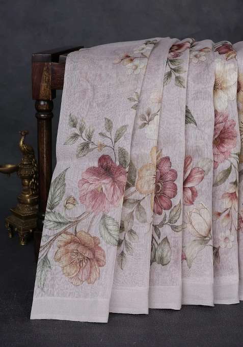 Pure Linen Silk Saree Pastel Grey With Allover Floral Digital Prints And Simple Border With Printed Design For Women